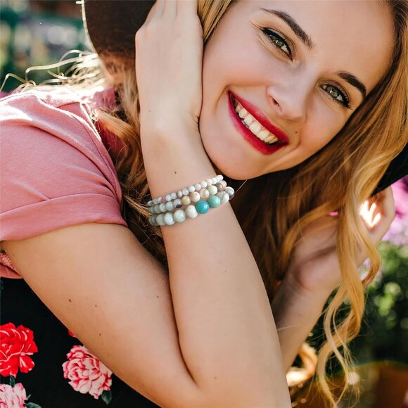 3PCS Amazonite Healing Crystal Natural Stone Beaded Stretch Bracelet for Women - Picture 4 of 6